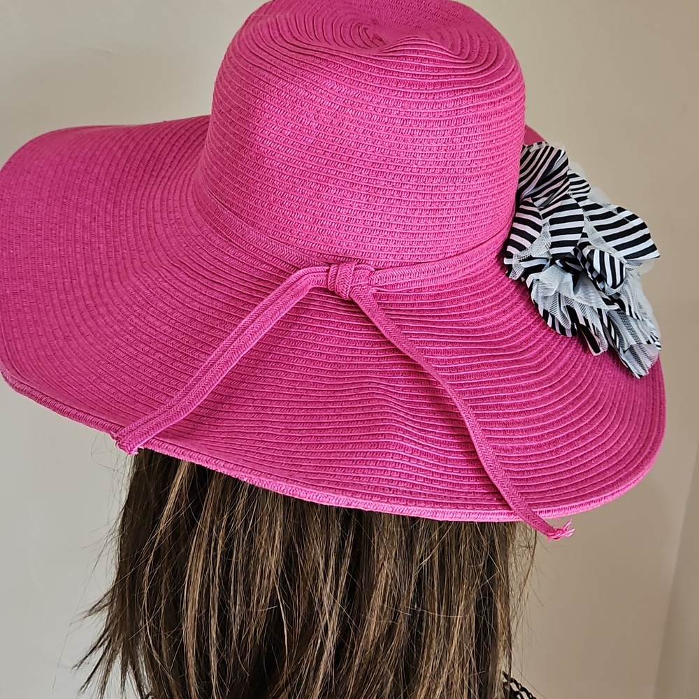 Scala Pink w/Black White Flower On Side Tea Church Pool Floppy Hat - Picture 4 of 7